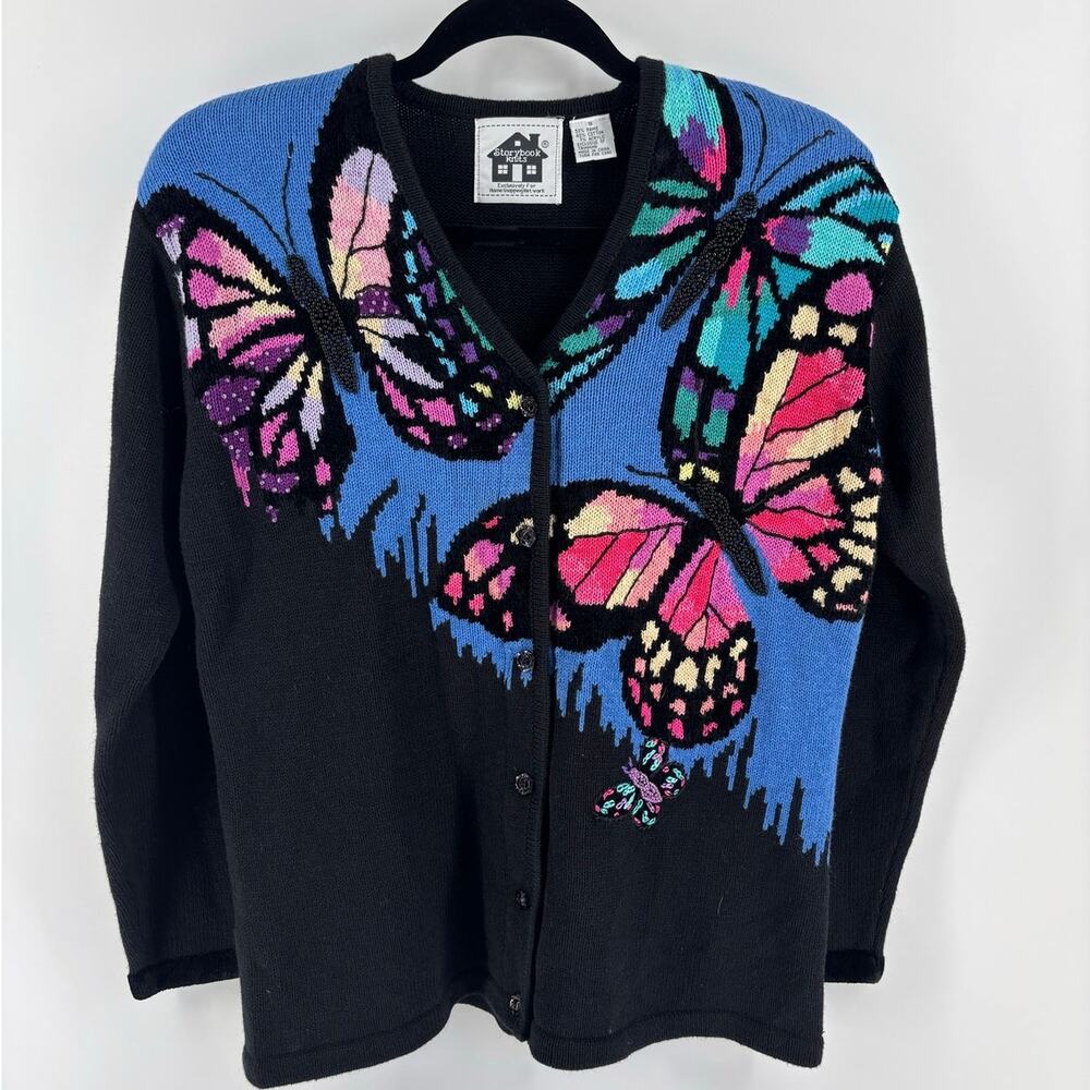 Storybook Knits Butterfly Knit Cardigan Embellished Size Small Black Purple